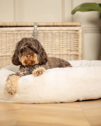Calming Anti-Anxiety Donut Bed With Removable Covers in Cream Faux Fur by Lords & Labradors